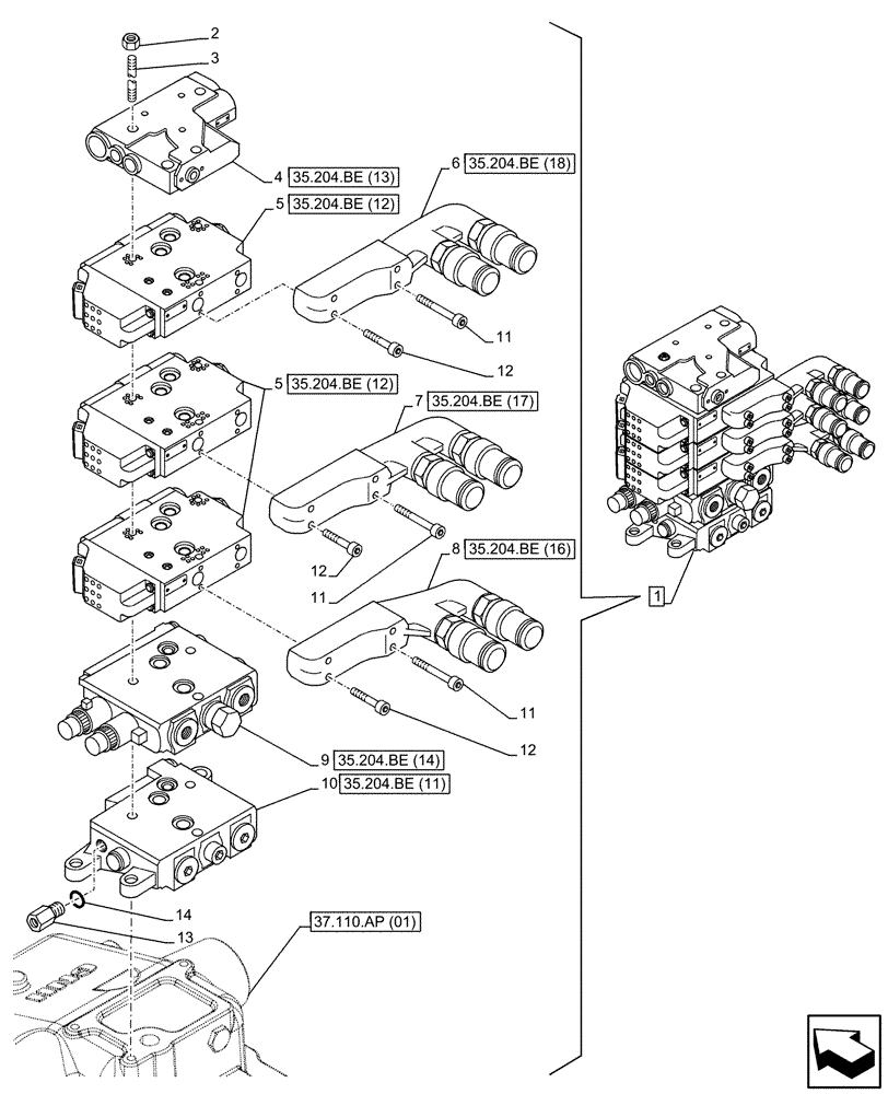 Схема запчастей Case IH MAXXUM 110 - (35.204.BE[04]) - VAR - 330856, 743686 - REMOTE CONTROL VALVE, REAR (35) - HYDRAULIC SYSTEMS