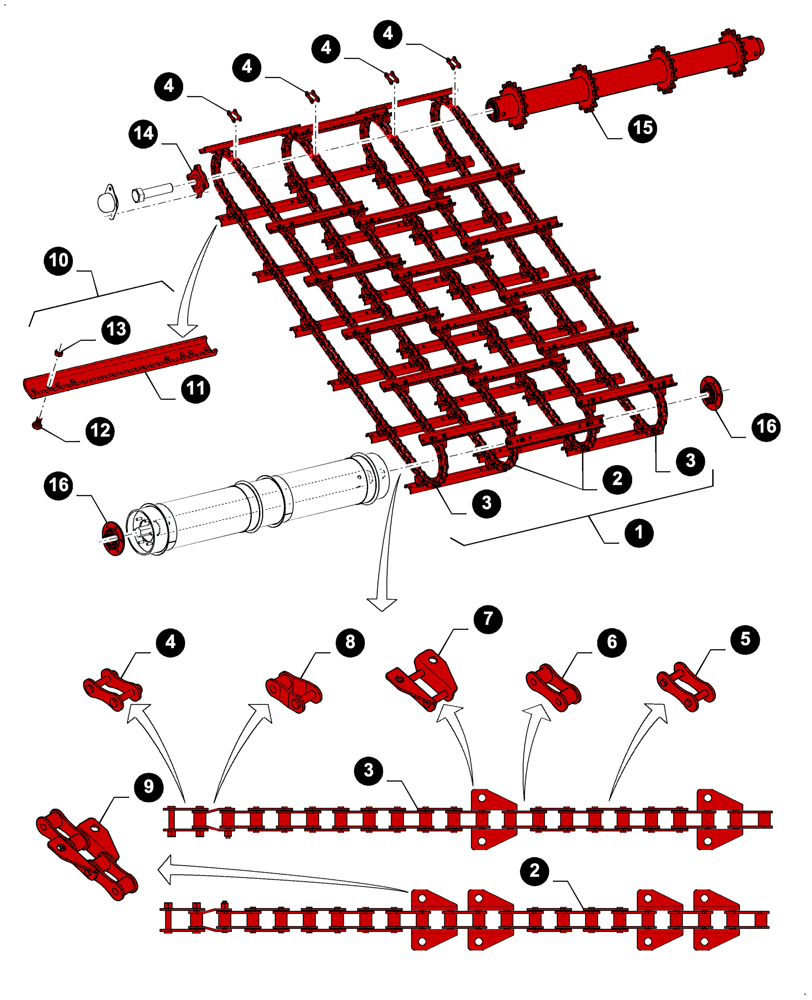 Схема запчастей Case IH 7230 - (05.100.04[J02]) - 7230 8230 9230 - MAINTENANCE PARTS, FEEDER CHAINS, U-SHAPED SLATS (05) - SERVICE & MAINTENANCE