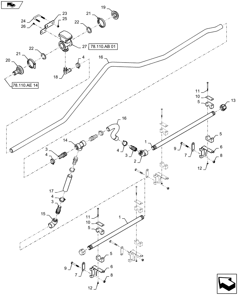 Схема запчастей Case IH 2240 - (78.110.AE[15]) - BOOM PLUMBING, RH, OUTER, 20" NOZZLE SPACING, 6 SECTION, 80 (78) - SPRAYING