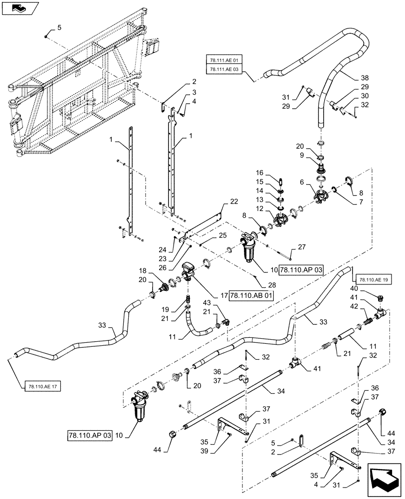 Схема запчастей Case IH 2240 - (78.110.AE[18]) - BOOM PLUMBING, CENTER, 20" NOZZLE SPACING, 5 SECTION, 90 (78) - SPRAYING