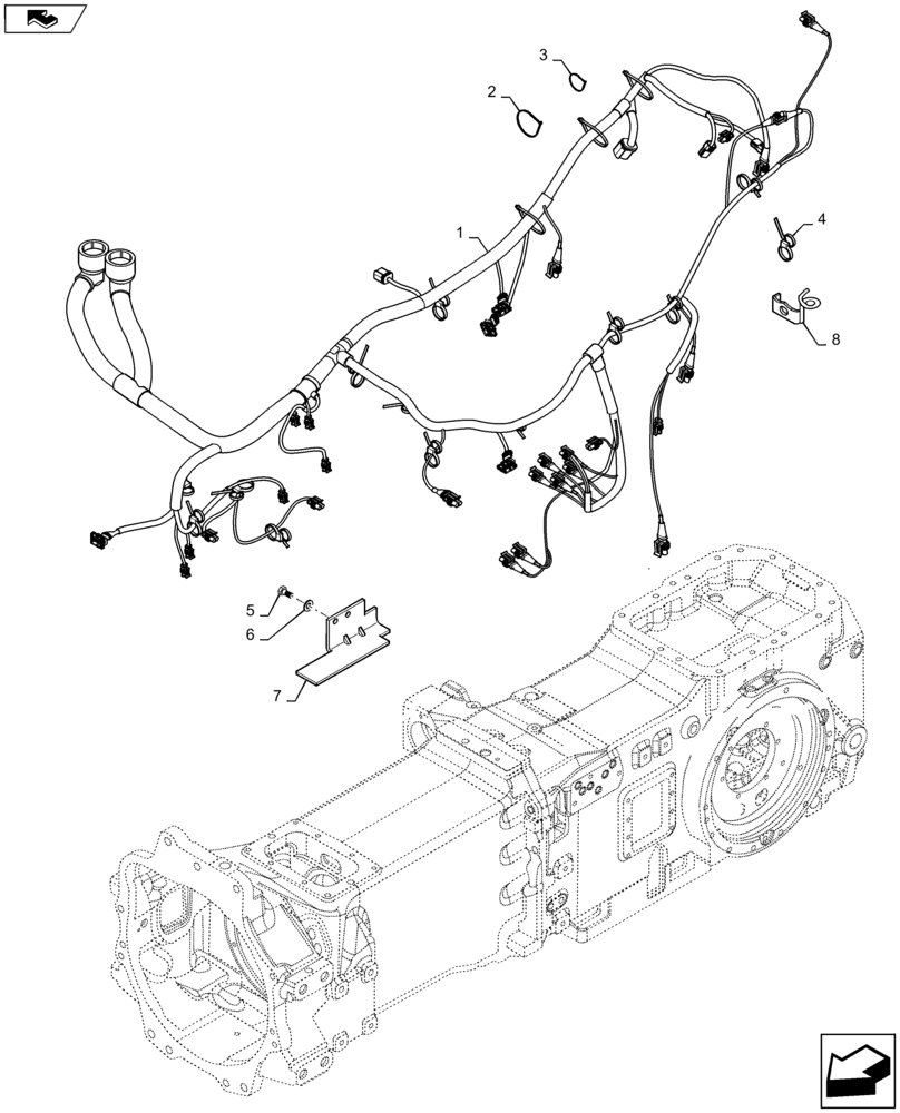 Схема запчастей Case IH MAXXUM 120 - (55.100.AX[04]) - VAR - 331836, 333836, 336835, 338835, 743744, 330283, 330658, 331658 - TRANSMISSION HARNESS WITH HYDRAULIC PUMP 113L/MIN CCLS FOR SPS WITH MECHANICAL REAR REMOTES (55) - ELECTRICAL SYSTEMS