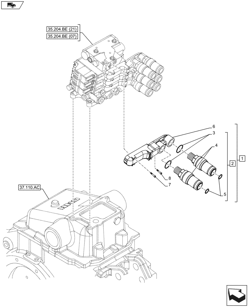 Схема запчастей Case IH MAXXUM 130 - (35.204.BE[08]) - VAR - 396844, 743685, 743733 - MANIFOLD, QUICK COUPLER, COMPONENTS (35) - HYDRAULIC SYSTEMS