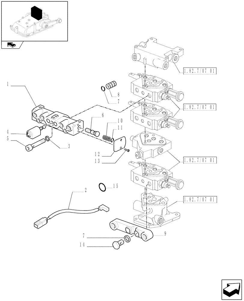 Схема запчастей Case IH FARMALL 85N - (1.82.7/07[04]) - 3 REM. VALVES FOR ELECTRONIC LIFTER W/HYDRAULIC DIVIDER - QUICK COUPLINGS (VAR.336391 / 743526) (07) - HYDRAULIC SYSTEM