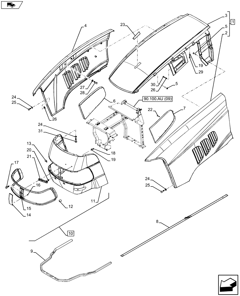 Схема запчастей Case IH MAXXUM 130 - (90.100.AU[02]) - VAR - 332285, 334959, 335789, 335791, 392500 - ENGINE HOOD (90) - PLATFORM, CAB, BODYWORK AND DECALS