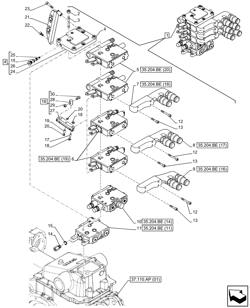 Схема запчастей Case IH MAXXUM 110 - (35.204.BE[03]) - VAR - 333845, 743685 - REMOTE CONTROL VALVE, MECHANICAL (2NC+2C) (35) - HYDRAULIC SYSTEMS