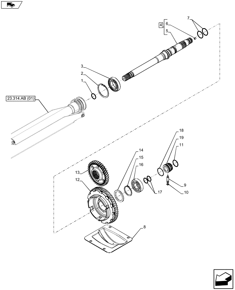 Схема запчастей Case IH MAXXUM 130 - (23.314.AB[02]) - VAR - 332351, 391223 - DRIVING GEAR, SHAFT & GEAR (23) - FOUR WHEEL DRIVE SYSTEM