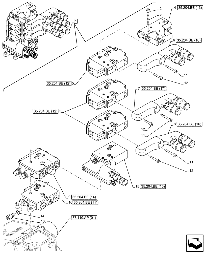 Схема запчастей Case IH MAXXUM 120 - (35.204.BE[05]) - VAR - 331856, 743686 - REMOTE CONTROL VALVE, REAR (35) - HYDRAULIC SYSTEMS