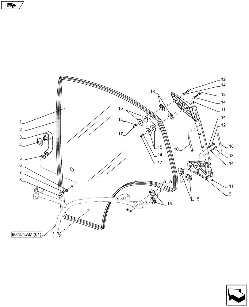 Схема запчастей Case IH MAXXUM 110 - (90.154.AM[01]) - VAR - 331619, 334629, 335937, 331610, 391610 - DOORS, RH (90) - PLATFORM, CAB, BODYWORK AND DECALS