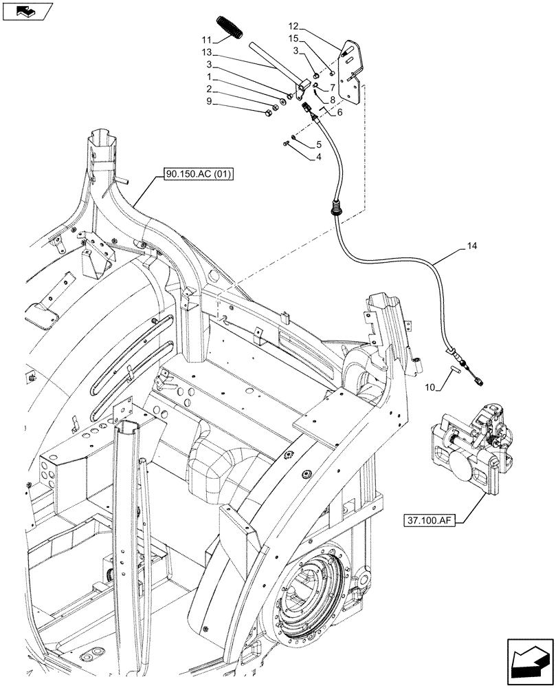 Схема запчастей Case IH MAXXUM 120 - (37.106.AE[02]) - VAR - 330938, 330939, 330955 - TOW HITCH CONTROL CABLE (37) - HITCHES, DRAWBARS & IMPLEMENT COUPLINGS