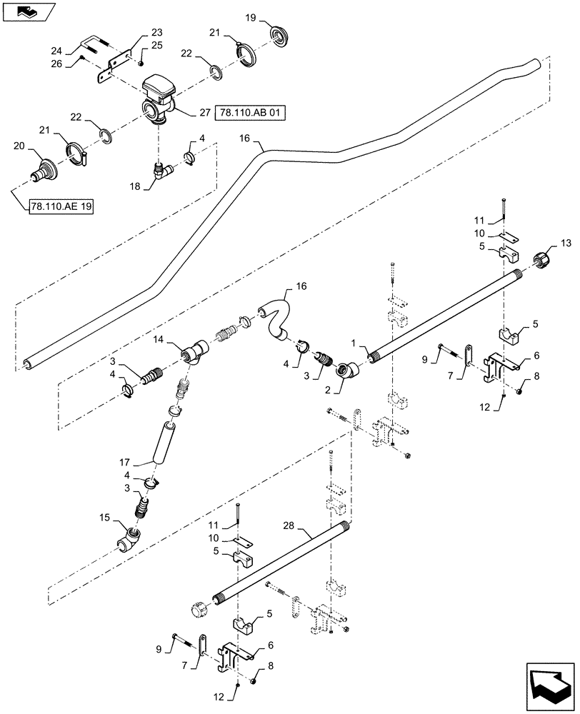 Схема запчастей Case IH 2240 - (78.110.AE[20]) - BOOM PLUMBING, RH, OUTER, 20" NOZZLE SPACING, 5 SECTION, 90 (78) - SPRAYING