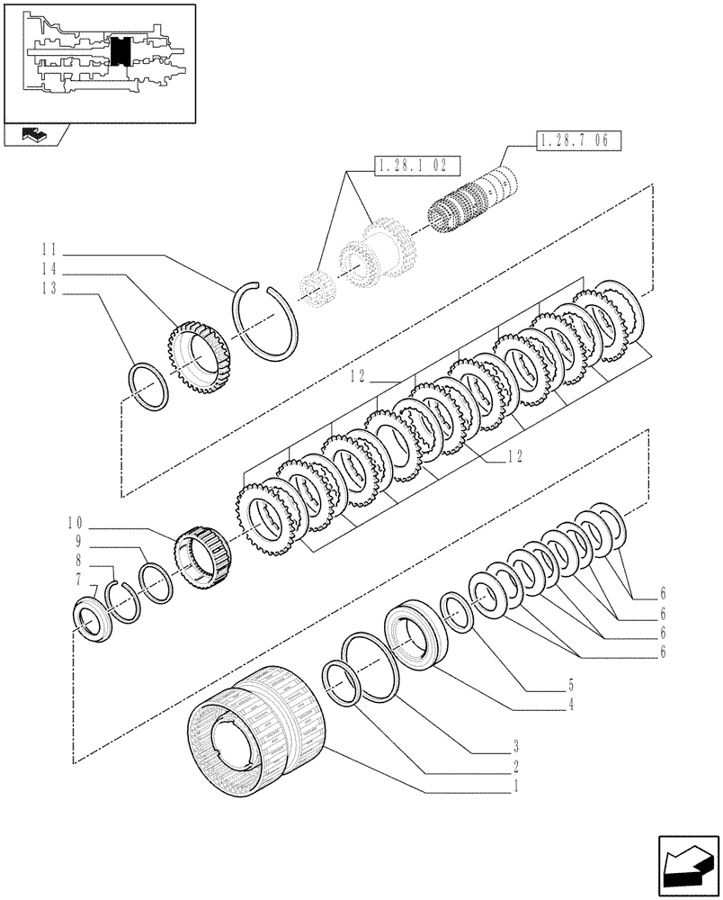 Схема запчастей Case IH MAXXUM 140 - (1.28.7[05A]) - TRANSMISSION 16X16 OR 17X16 - SPEED ENGAGEMENT REAR CLUTCH - HOUSING AND C4 DISKS - D6835 (03) - TRANSMISSION