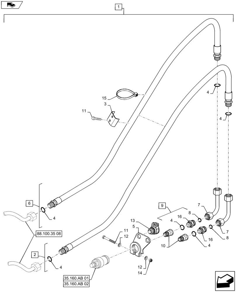 Схема запчастей Case IH MAXXUM 110 - (88.100.35[09]) - DIA KIT - 2 HYDRAULIC FRONT COUPLERS RH FOR INTEGRATED FRONT HPL (88) - ACCESSORIES