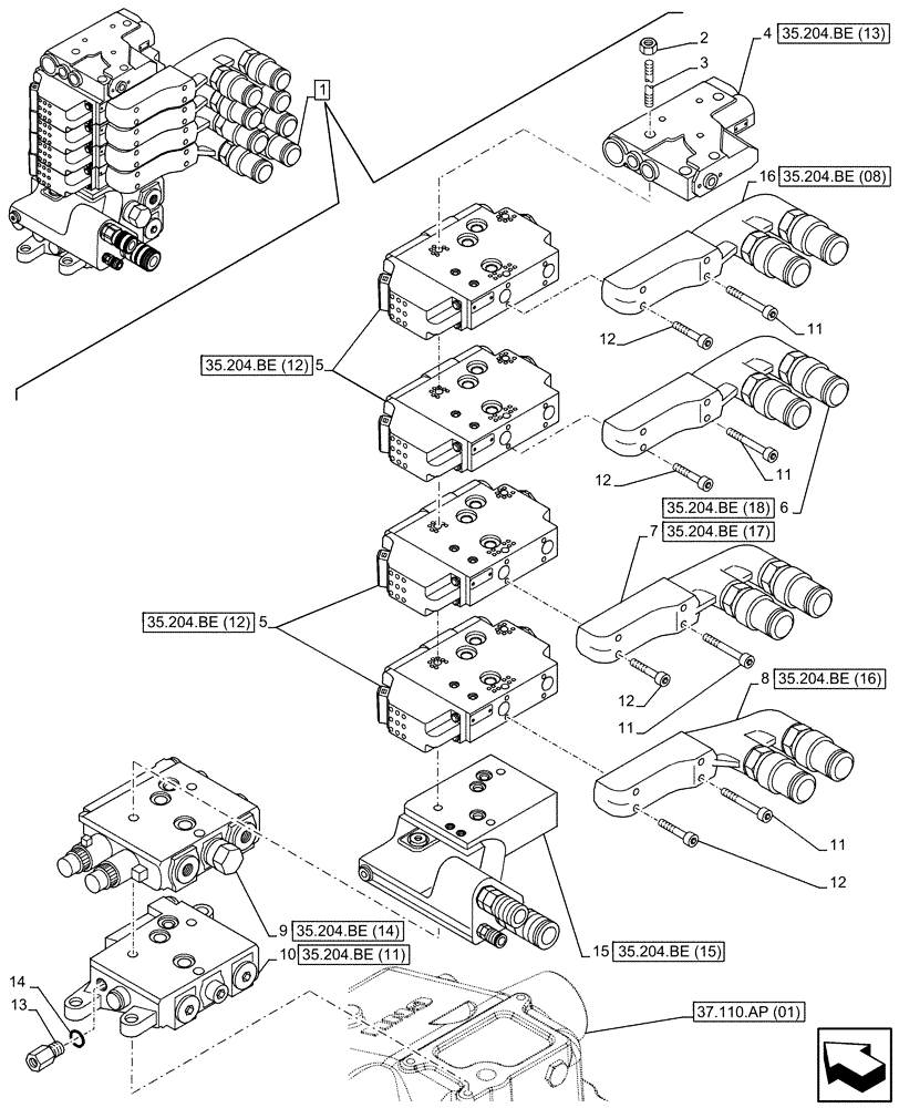 Схема запчастей Case IH MAXXUM 110 - (35.204.BE[07]) - VAR - 332855, 332862, 743733 - REMOTE CONTROL VALVE, REAR (35) - HYDRAULIC SYSTEMS