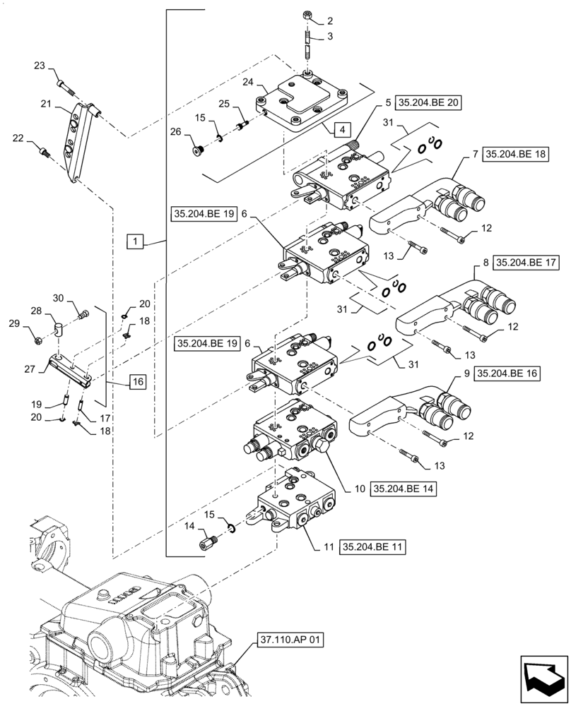 Схема запчастей Case IH MAXXUM 110 - (35.204.BE[01]) - VAR - 396844 - REMOTE CONTROL VALVE, MECHANICAL (1NC+2C) (35) - HYDRAULIC SYSTEMS