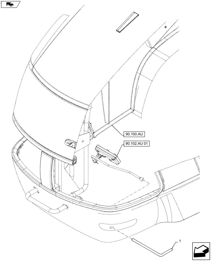 Схема запчастей Case IH MAXXUM 120 - (90.102.AT) - VAR - 336007, 330007, 335007, 743726 + STD - HOOD, OPENING TOOL (90) - PLATFORM, CAB, BODYWORK AND DECALS