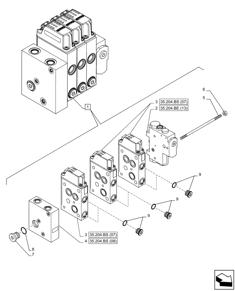 Схема запчастей Case IH MAXXUM 110 - (35.204.BS[04]) - VAR - 743690 - 3 ELECTRONIC MID MOUNTED VALVES (35) - HYDRAULIC SYSTEMS
