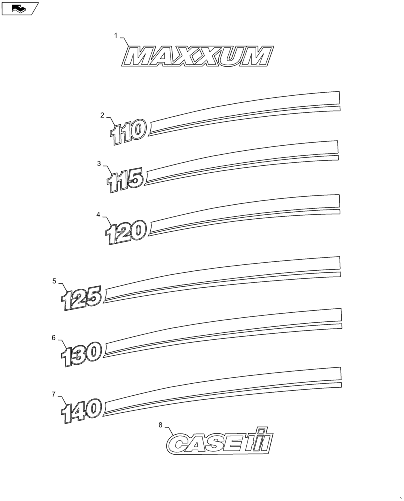 Схема запчастей Case IH MAXXUM 120 - (90.108.AB) - MODEL IDENTIFICATION DECALS (90) - PLATFORM, CAB, BODYWORK AND DECALS