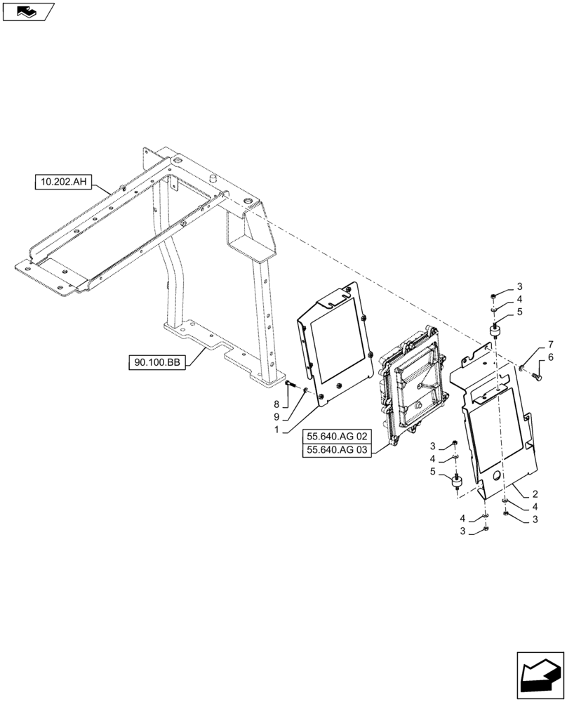 Схема запчастей Case IH MAXXUM 120 - (90.102.BU) - VAR - 330643 + STD - ENGINE CONTROL MODULE MOUNTING PARTS (90) - PLATFORM, CAB, BODYWORK AND DECALS