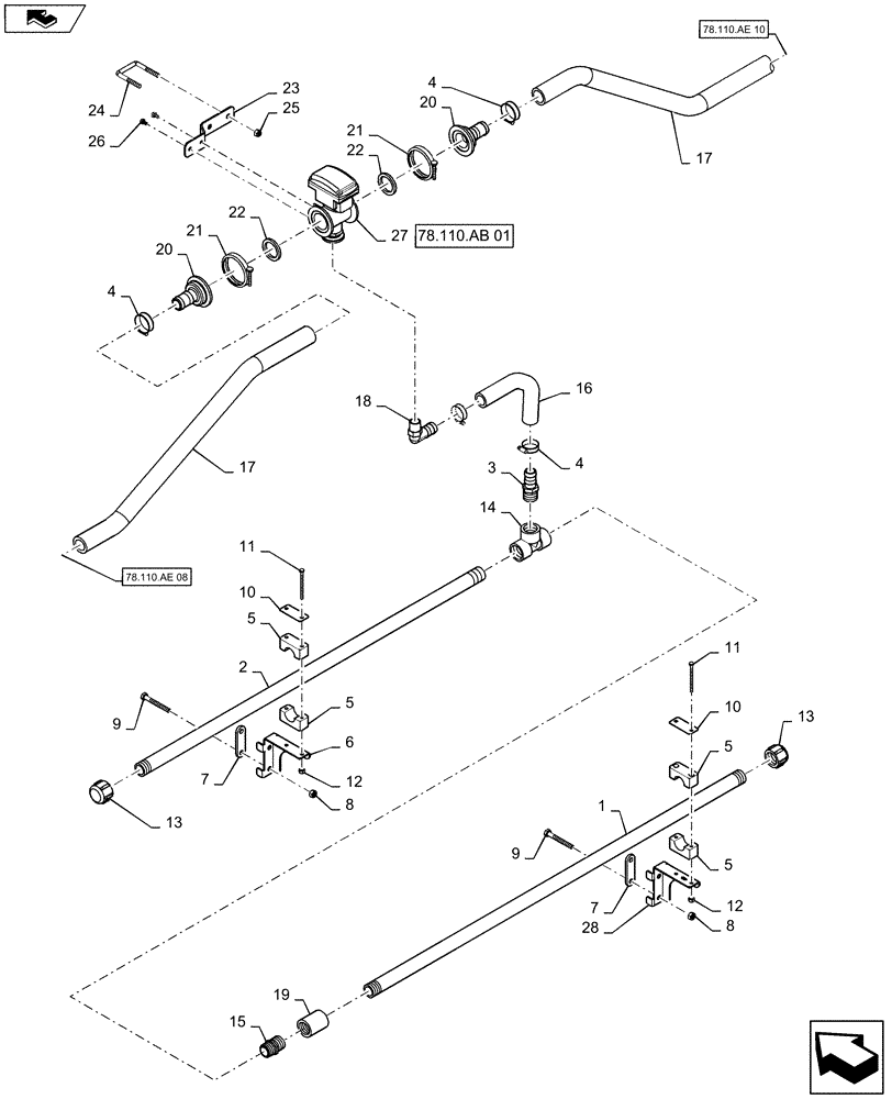 Схема запчастей Case IH 2240 - (78.110.AE[09]) - BOOM PLUMBING, RH, INNER, 20"/30" NOZZLE SPACING, 5 SECTION, 80 (78) - SPRAYING