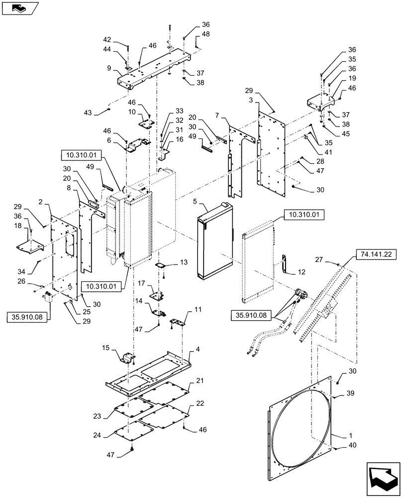 Схема запчастей Case IH 635 - (74.141.24[02]) - REAR COOLER BOX AND SUPPORTS, ASN YBT016811 (74) - CLEANING