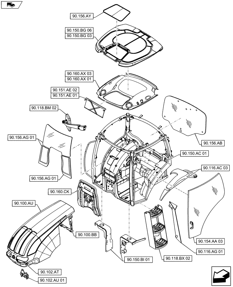 Схема запчастей Case IH MAXXUM 140 - (00.000.90[02]) - PICTORIAL INDEX - PLATFORM, CAB, BODYWORK AND DECALS (00) - GENERAL & PICTORIAL INDEX