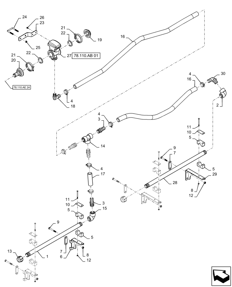 Схема запчастей Case IH 2240 - (78.110.AE[25]) - BOOM PLUMBING, RH, OUTER, 20"/30" NOZZLE SPACING, 5 SECTION, 90 (78) - SPRAYING