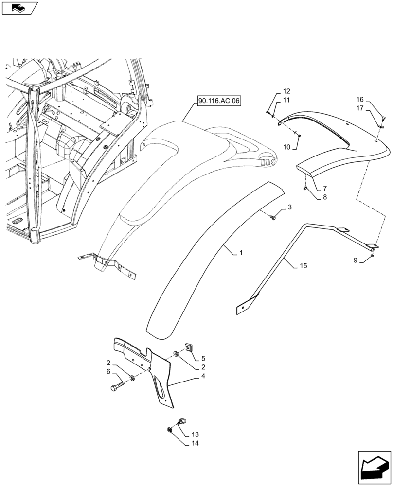 Схема запчастей Case IH MAXXUM 140 - (90.116.AC[11]) - VAR - 338122, 338201 - STANDARD REAR FENDERS WITH EXTENSIONS - EXTENSIONS (90) - PLATFORM, CAB, BODYWORK AND DECALS