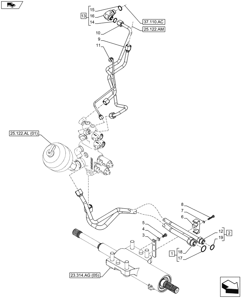 Схема запчастей Case IH MAXXUM 120 - (25.122.AL[02]) - VAR - 330414, 330427, 330429, 330430 - SUSPENDED FRONT AXLE, PIPE (25) - FRONT AXLE SYSTEM