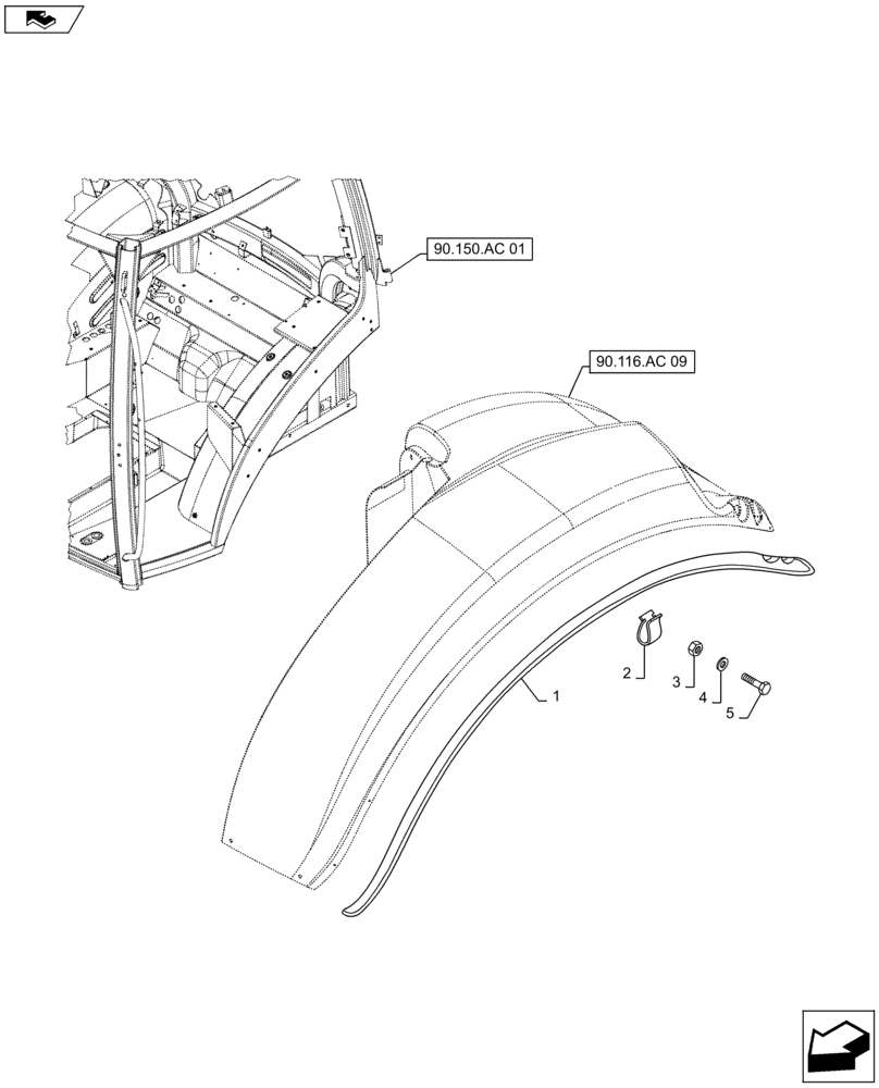 Схема запчастей Case IH MAXXUM 120 - (90.116.AC[02]) - VAR - 338205, 338206, 743708 - WIDE REAR FENDERS - EXTENSIONS (90) - PLATFORM, CAB, BODYWORK AND DECALS