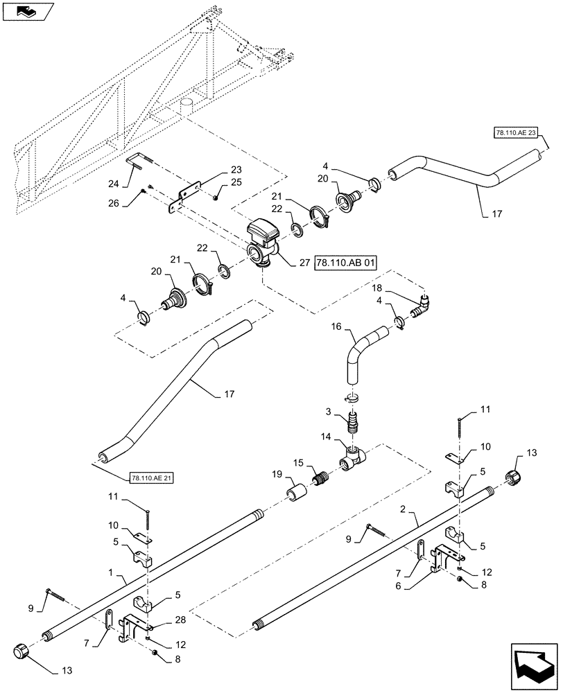 Схема запчастей Case IH 2240 - (78.110.AE[22]) - BOOM PLUMBING, LH, INNER, 20"/30" NOZZLE SPACING, 5 SECTION, 90 (78) - SPRAYING