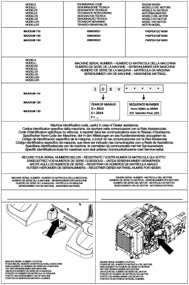 Схема запчастей Case IH MAXXUM 110 - (00.100.01) - IDENTIFICATION PLATE AND VERSION LIST (00) - GENERAL & PICTORIAL INDEX