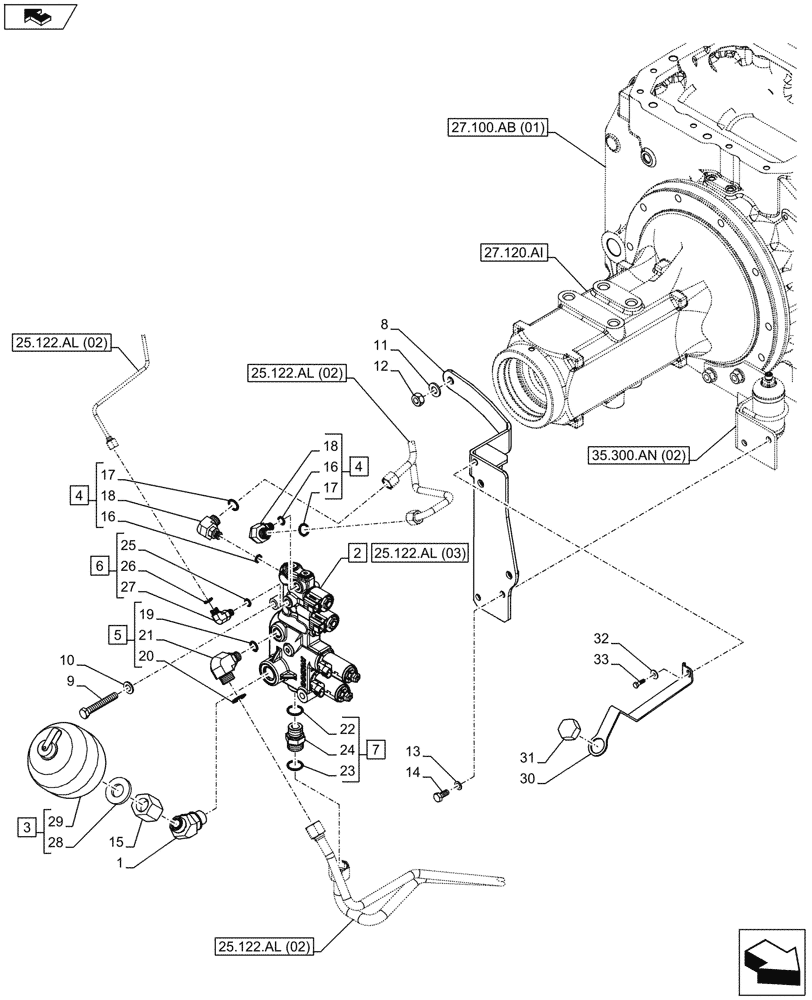 Схема запчастей Case IH MAXXUM 130 - (25.122.AL[01]) - VAR - 330414, 330427, 330429, 330430 - SUSPENDED FRONT AXLE, CONTROL VALVE (25) - FRONT AXLE SYSTEM