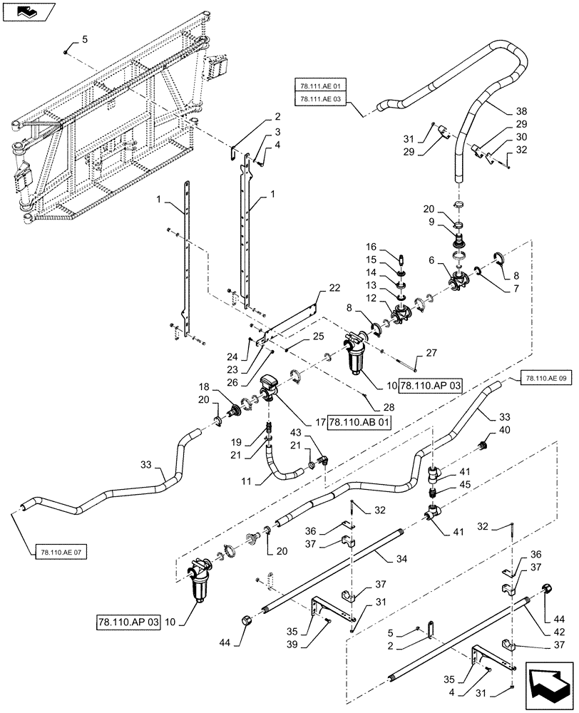 Схема запчастей Case IH 2240 - (78.110.AE[08]) - BOOM PLUMBING, CENTER, 20"/30" NOZZLE SPACING, 5 SECTION, 80 (78) - SPRAYING