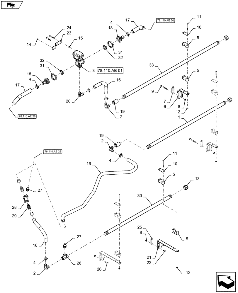 Схема запчастей Case IH 2240 - (78.110.AE[29]) - BOOM PLUMBING, RH, INNER, 20" NOZZLE SPACING, 6 SECTION, 90 (78) - SPRAYING