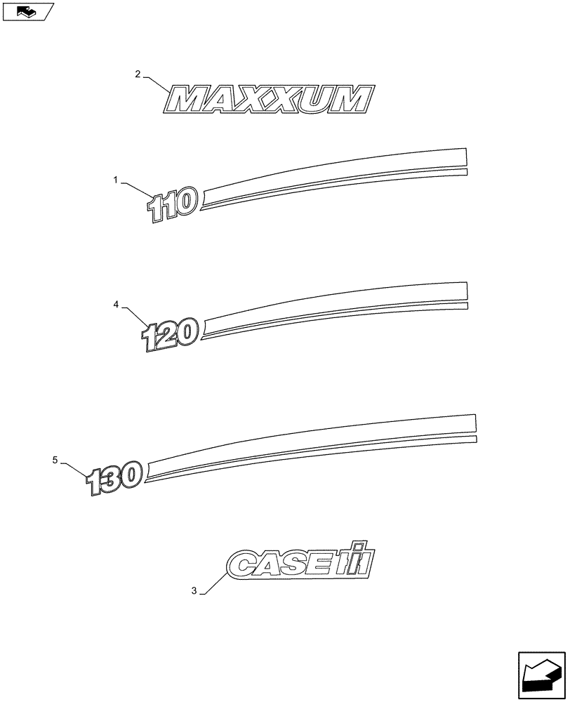 Схема запчастей Case IH MAXXUM 120 - (90.108.AB[06]) - VAR - 330520, 331520, 743729, 743730, 743731 - MODEL IDENTIFICATION DECALS (90) - PLATFORM, CAB, BODYWORK AND DECALS