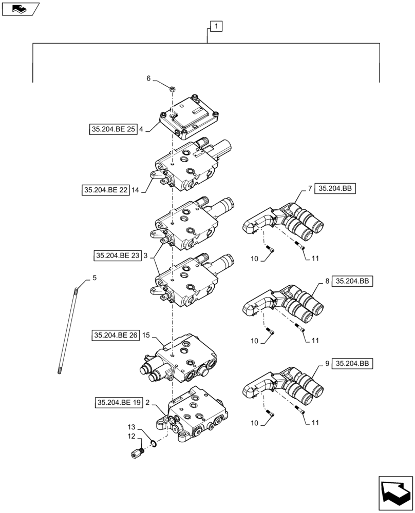 Схема запчастей Case IH MAXXUM 115 - (35.204.BE[12]) - VAR - 333844, 743741 - 3 MECHANICAL REAR REMOTE CONTROL VALVES ( 1 NON CONFIGURABLE ) WITH PUMP 113 L/MIN CCLS - DISTRIBUTOR - BREAKDOWN (35) - HYDRAULIC SYSTEMS