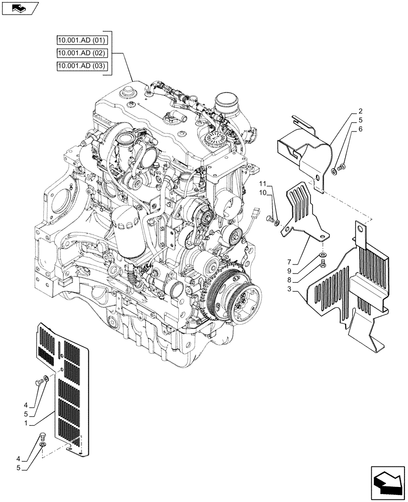 Схема запчастей Case IH MAXXUM 120 - (90.102.AG[02]) - VAR - 332727, 332737, 332739 - ENGINE SHIELD (90) - PLATFORM, CAB, BODYWORK AND DECALS