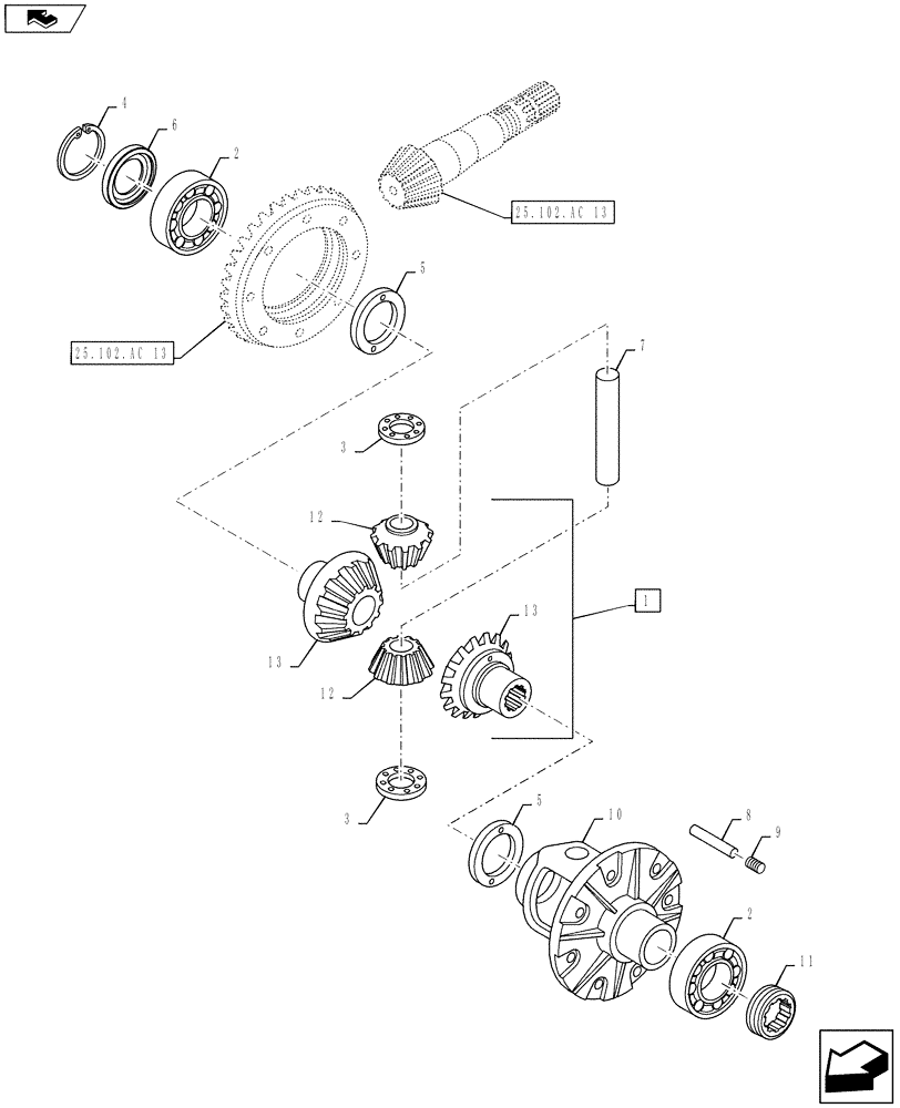 Схема запчастей Case IH MAXXUM 120 - (25.102.AC[08]) - VAR - 330414, 330427 - CL.3 SUSPENDED FRONT AXLE - DIFFERENTIAL BREAKDOWN (25) - FRONT AXLE SYSTEM