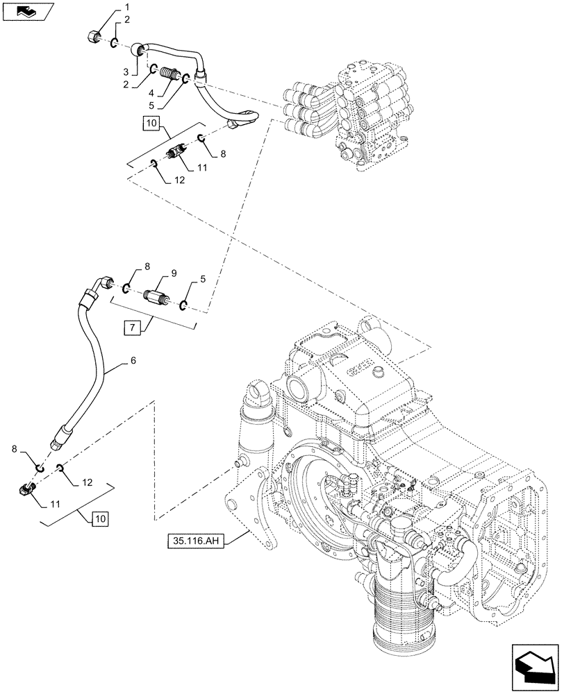 Схема запчастей Case IH MAXXUM 120 - (35.116.AD) - VAR - 331145, 331146 + STD - HYDRAULIC PUMP 113 L/MIN CCLS - PIPES TO LIFT CYLINDER (35) - HYDRAULIC SYSTEMS