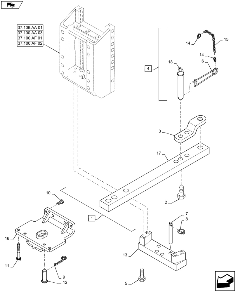 Схема запчастей Case IH MAXXUM 140 - (37.100.AA[01]) - VAR - 330918 - SWINGING DRAWBAR FOR SLIDER TOW HOOK (37) - HITCHES, DRAWBARS & IMPLEMENT COUPLINGS