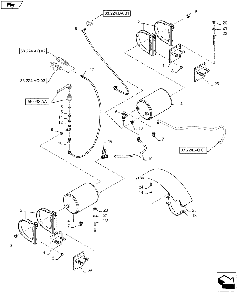 Схема запчастей Case IH MAXXUM 115 - (33.224.AF) - VAR - 332727, 332737 - PNEUMATIC TRAILER BRAKE - TANKS AND PIPES (33) - BRAKES & CONTROLS