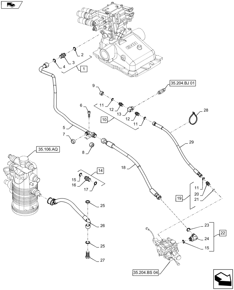 Схема запчастей Case IH MAXXUM 120 - (35.204.BJ[07]) - VAR - 332562, 334562, 743901 - 3 MECHANICAL MID MOUNTED VALVES FOR CCLS - DELIVERY AND PILOT PIPES (35) - HYDRAULIC SYSTEMS