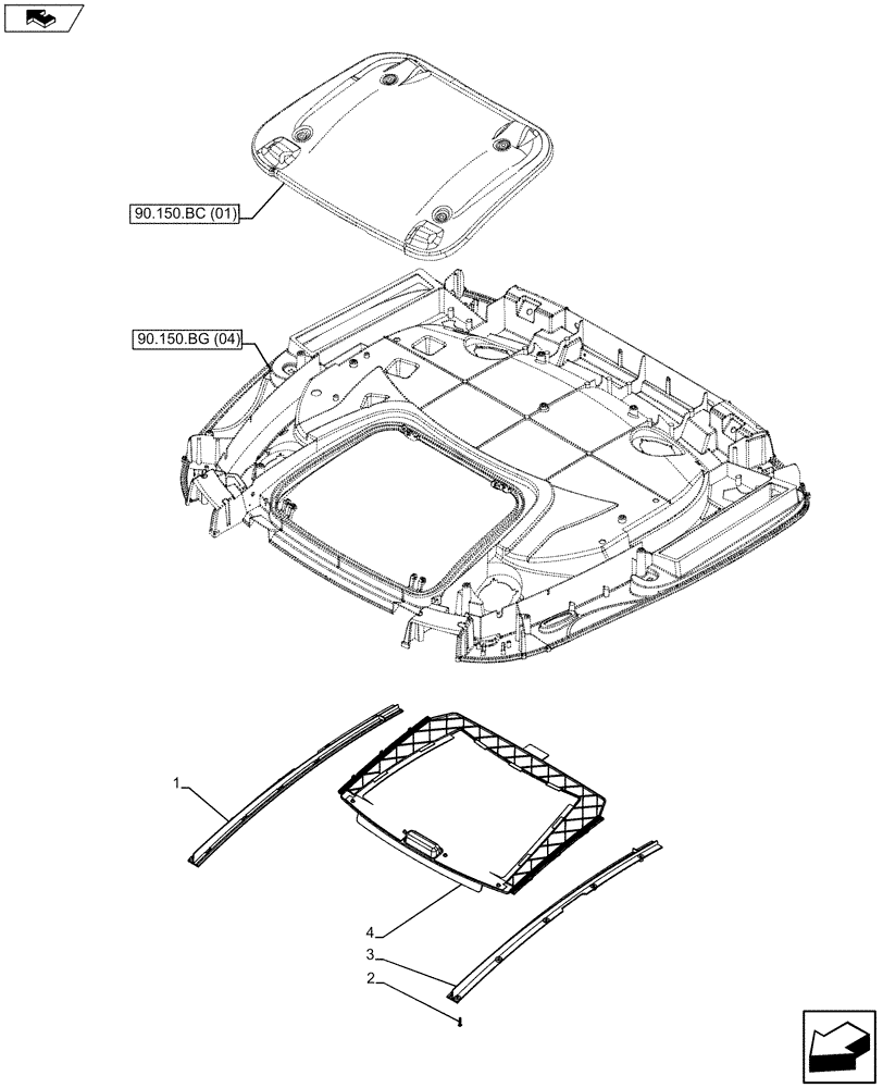 Схема запчастей Case IH MAXXUM 120 - (90.151.AE[03]) - VAR - 330520, 330574, 330571, 335789, 392500 - SUN PROTECTION NASO (90) - PLATFORM, CAB, BODYWORK AND DECALS