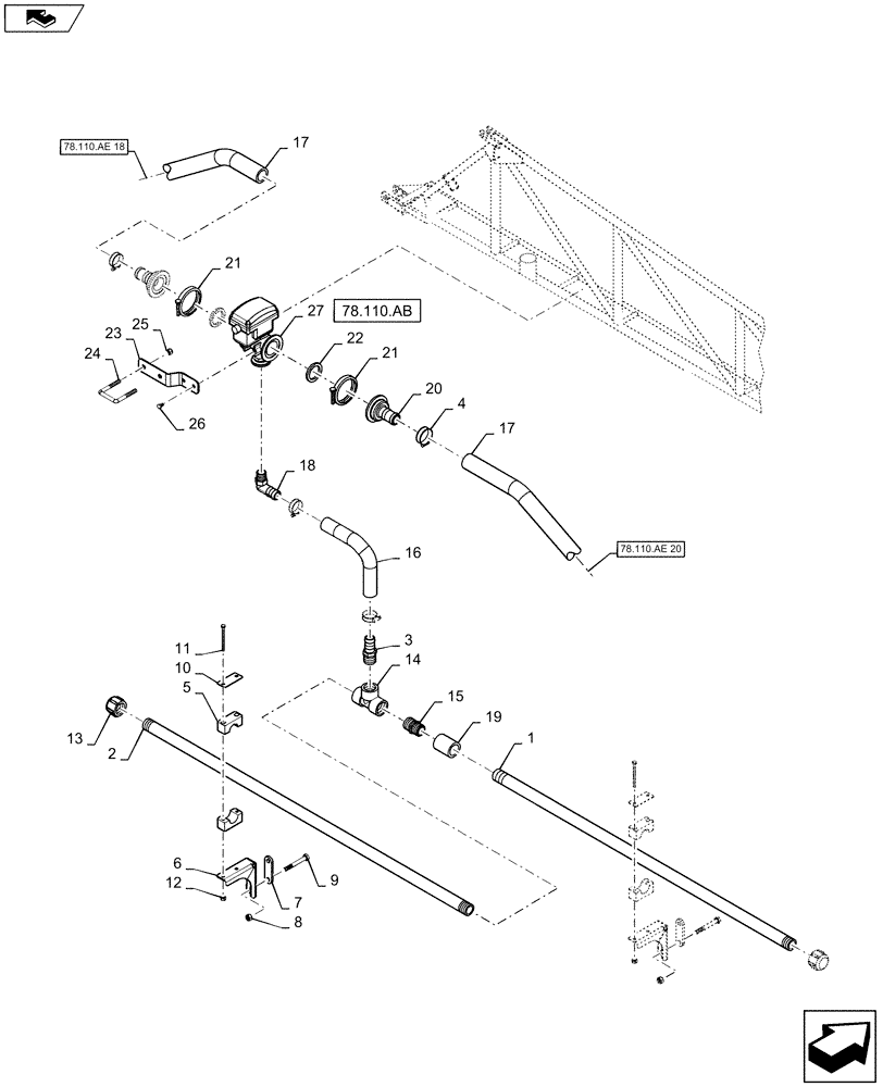 Схема запчастей Case IH 2240 - (78.110.AE[19]) - BOOM PLUMBING, RH, INNER, 20" NOZZLE SPACING, 5 SECTION, 90 (78) - SPRAYING