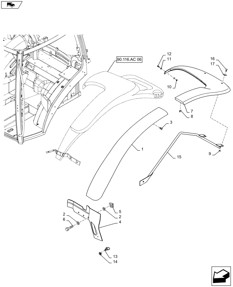 Схема запчастей Case IH MAXXUM 120 - (90.116.AC[11]) - VAR - 338122, 338201 - STANDARD REAR FENDERS WITH EXTENSIONS - EXTENSIONS (90) - PLATFORM, CAB, BODYWORK AND DECALS