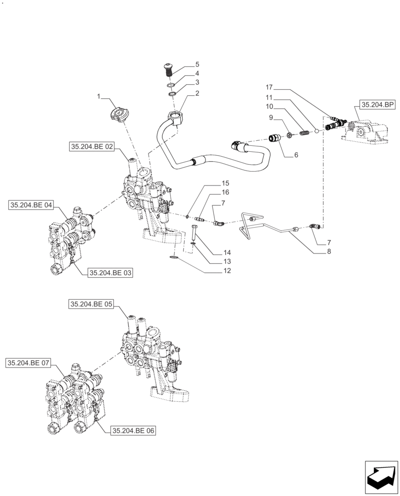 Схема запчастей Case IH FARMALL 125A - (35.204.BJ[01]) - REMOTE CONTROL VALVE, HOSES (1 & 2 VALVES) - AFTER SN: CF01573M, CF01578M (35) - HYDRAULIC SYSTEMS