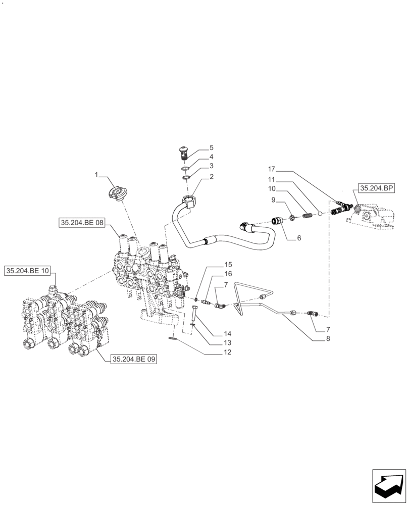 Схема запчастей Case IH FARMALL 125A - (35.204.BJ[02]) - REMOTE CONTROL VALVE, HOSES (4 VALVES) - AFTER SN: CF01596M (35) - HYDRAULIC SYSTEMS