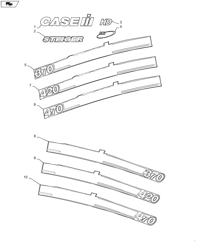 Схема запчастей Case IH STEIGER 370 - (90.108.AB[01]) - DECALS, HOOD - TIER 4B (90) - PLATFORM, CAB, BODYWORK AND DECALS