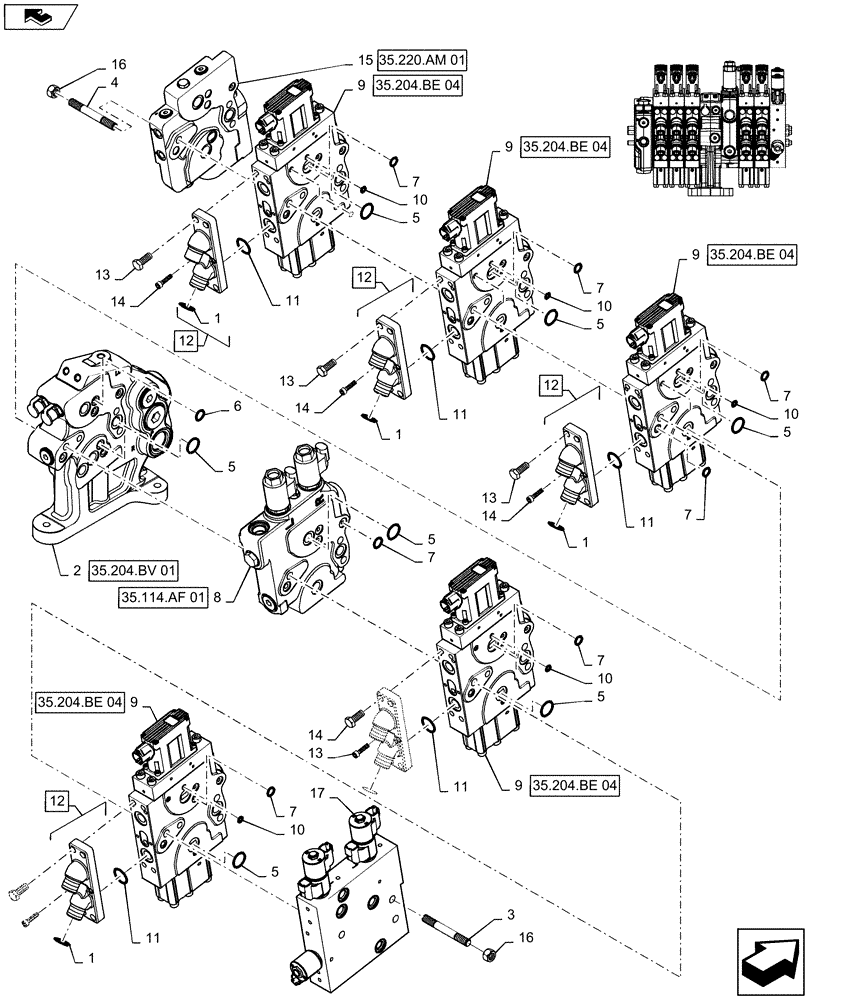 Схема запчастей Case IH MAGNUM 370 - (35.204.BE[17]) - VALVE ASSY, 5 STACK AUX VALVES STD/HI FLOW WITH TRAILER BRAKE & TOP LINK (35) - HYDRAULIC SYSTEMS