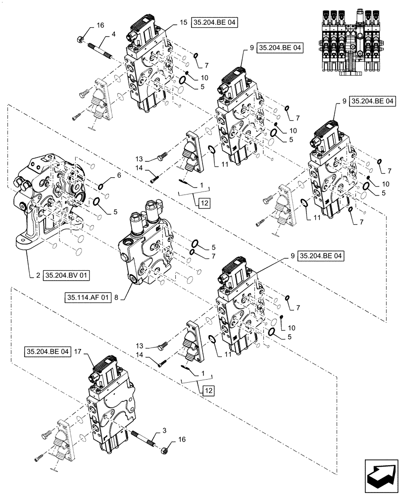 Схема запчастей Case IH MAGNUM 3154 - (35.204.BE[11]) - VALVE ASSY, 5 STACK AUX VALVES STD/HI FLOW (35) - HYDRAULIC SYSTEMS